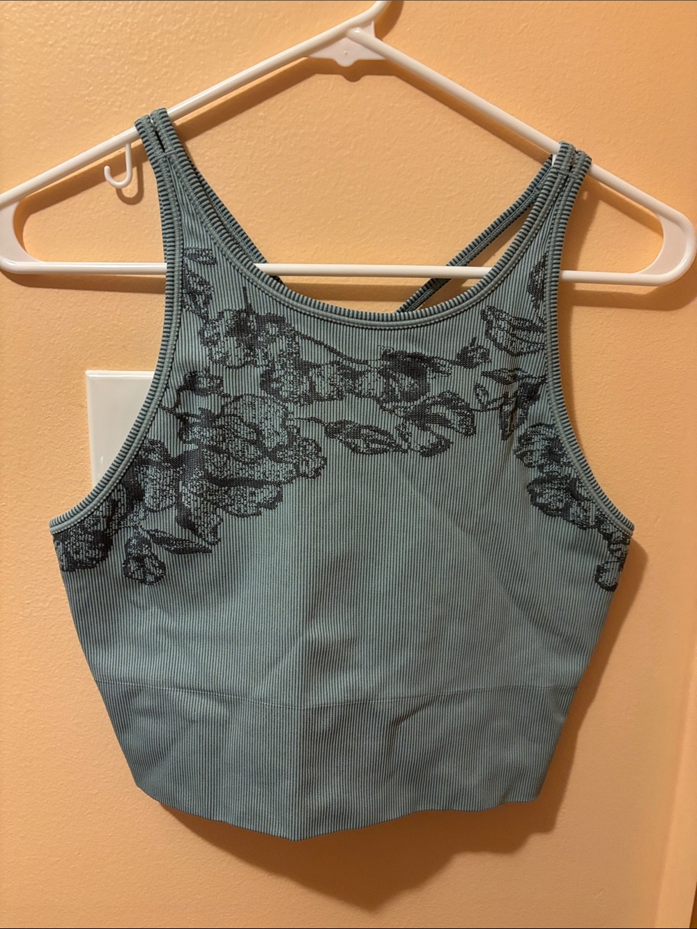 Ribbed Floral Crop Tank - Dusty Teal & Black